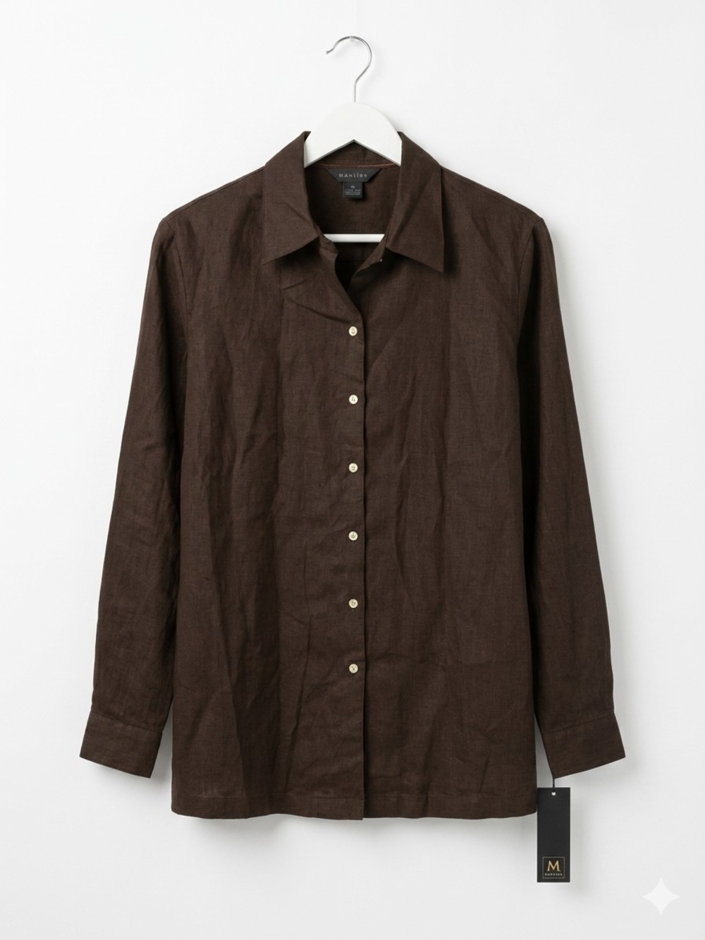 NWT Mantles Espresso Brown 100 Percent Linen Button-Down Shirt - Size 12